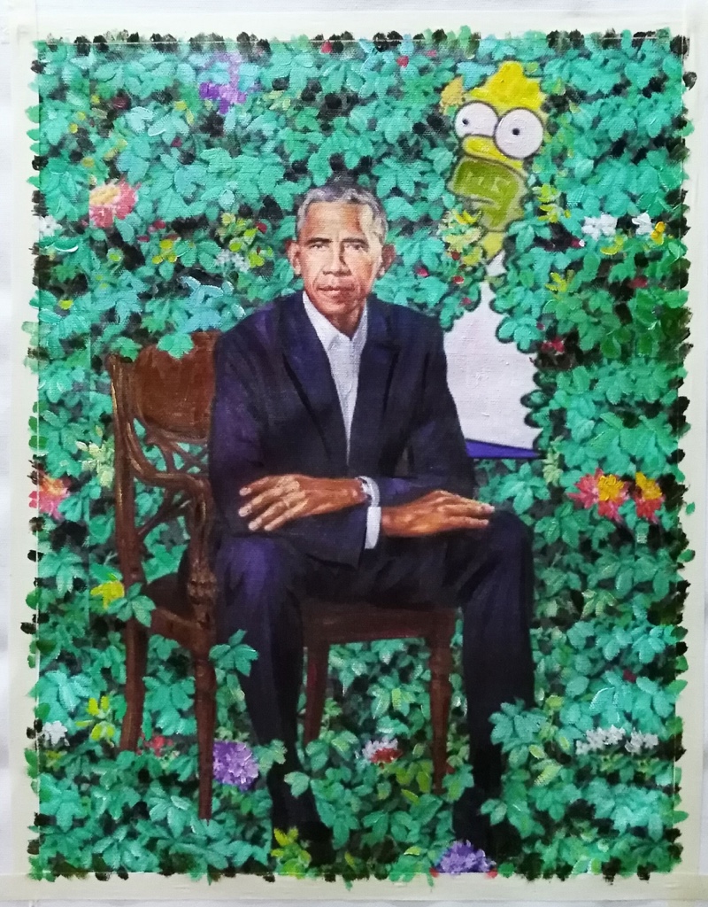 A satirical version of Barack Obama's presidential oil portrait.